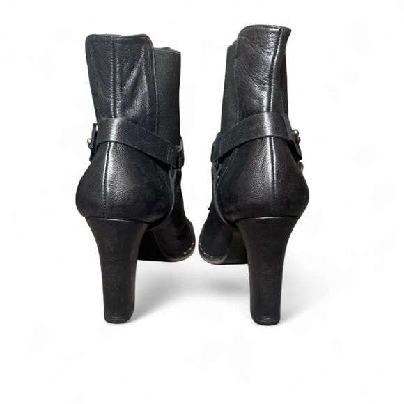 Freda Salvador Women’s 8.5 Black Leather Peep Toe Fringe Booties Heels Spain - Picture 4 of 7